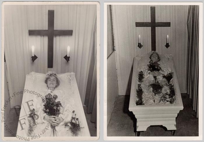 Elderly woman in an open coffin